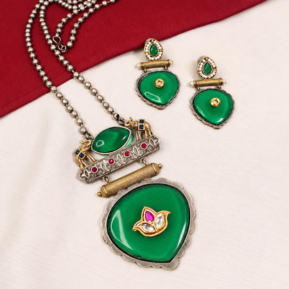 Floral Heart Drop Dual Tone Pendant Set - Green — retouched original photograph IMG_8200