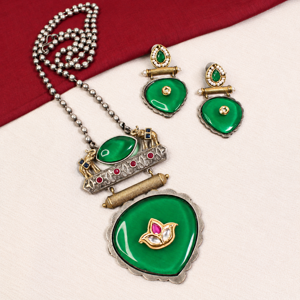 Floral Heart Drop Dual Tone Pendant Set - Green — retouched original photograph IMG_8201