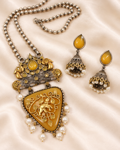 Dancing Figure Triangular Pendant Set - Yellow — AI-styled closeup view