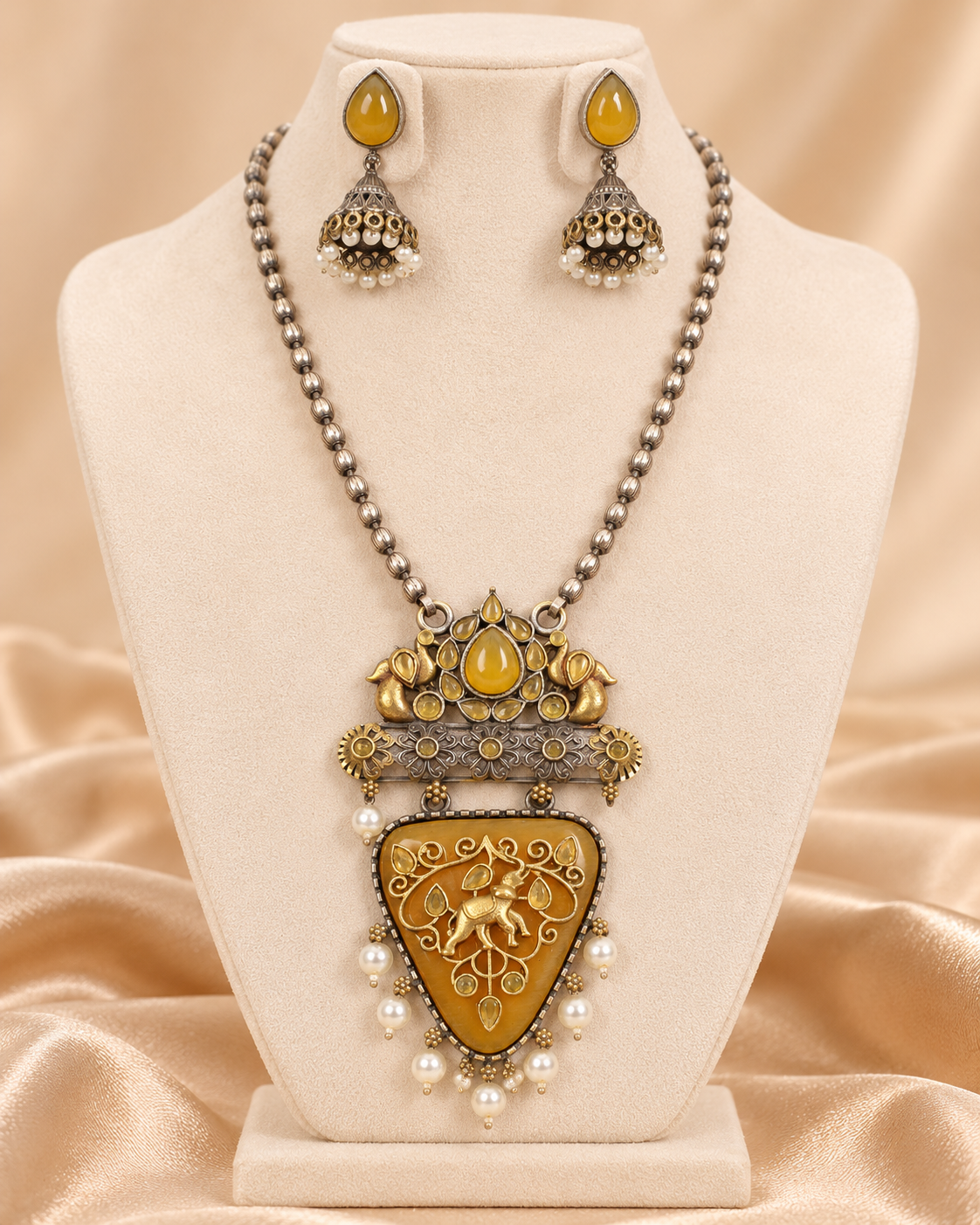 Dancing Figure Triangular Pendant Set - Yellow — AI-styled mannequin view