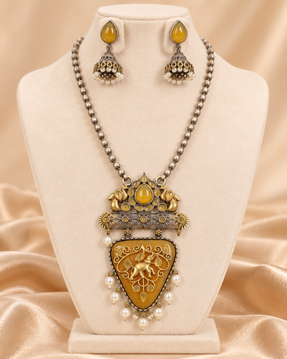Dancing Figure Triangular Pendant Set - Yellow — AI-styled mannequin view