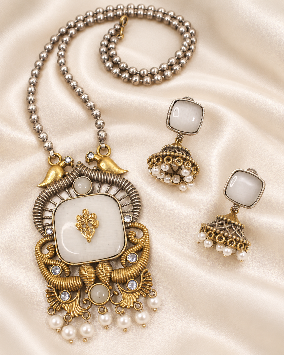 Swan Motif Dual Tone Pendant Set - White — AI-styled closeup view