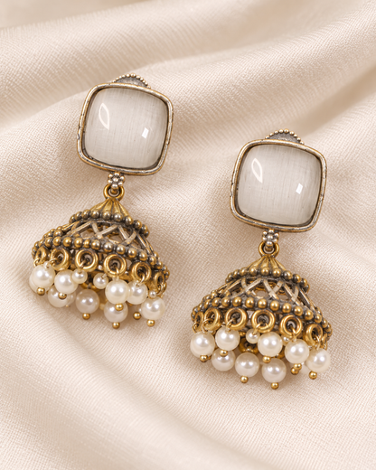 Swan Motif Dual Tone Pendant Set - White — AI-styled earring detail view