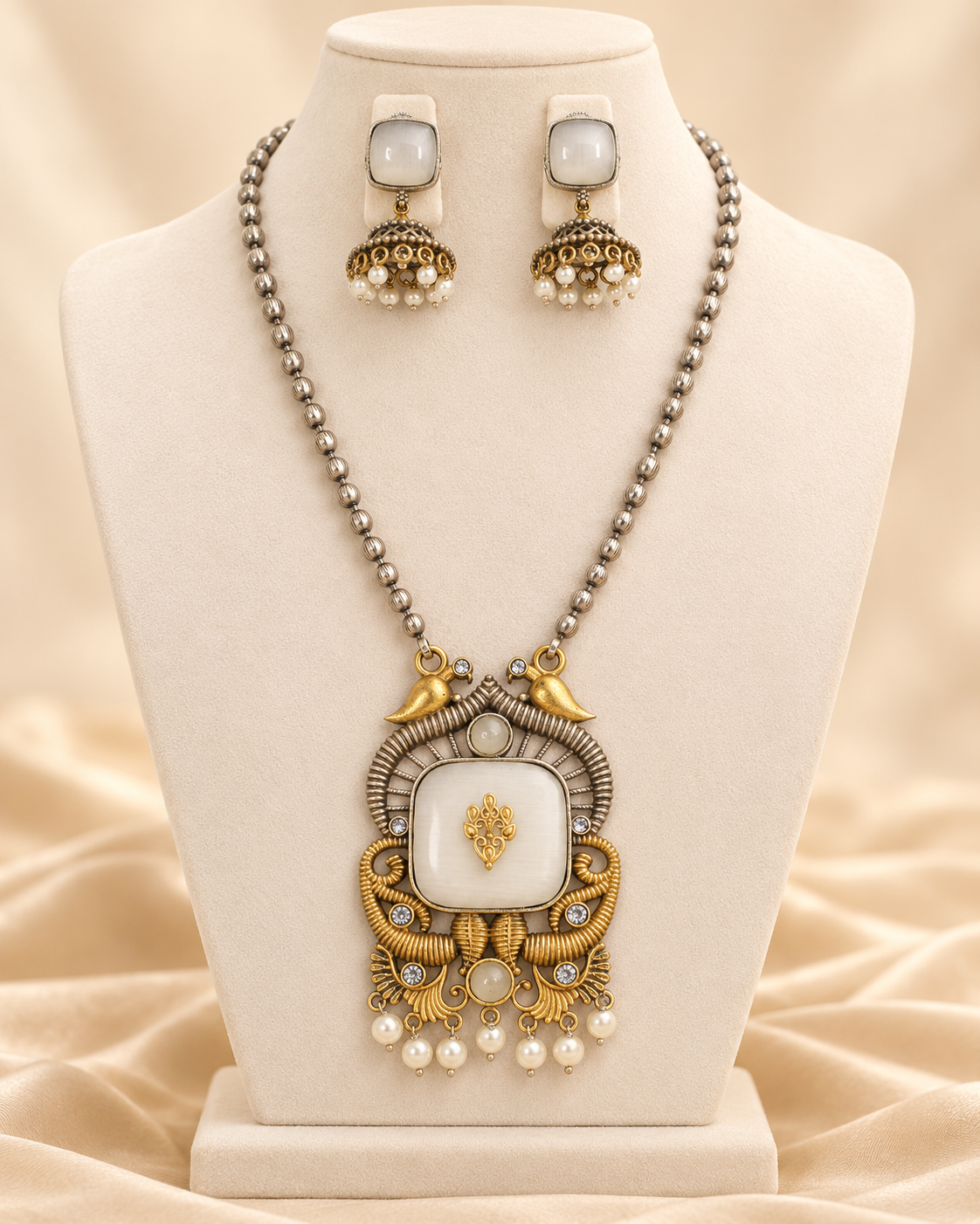Swan Motif Dual Tone Pendant Set - White — AI-styled mannequin view