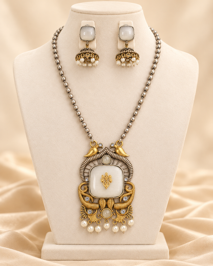 Swan Motif Dual Tone Pendant Set - White — AI-styled mannequin view