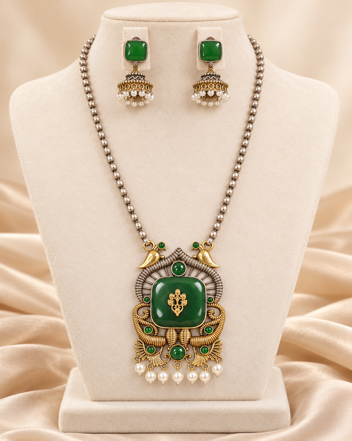 Swan Motif Dual Tone Pendant Set - Green — AI-styled mannequin view