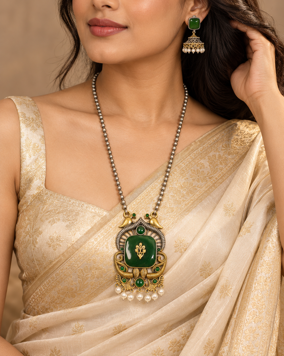 Swan Motif Dual Tone Pendant Set - Green — AI-styled model view