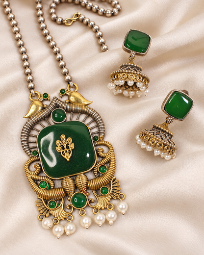 Swan Motif Dual Tone Pendant Set - Green — AI-styled ornament detail view