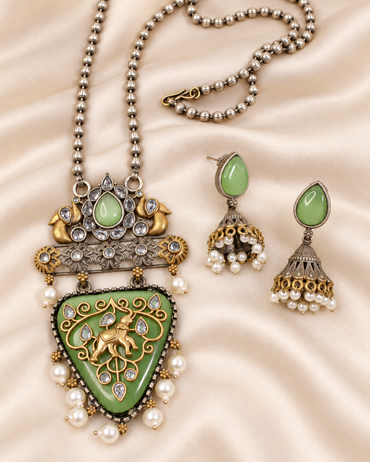 Dancing Figure Triangular Pendant Set - Green — AI-styled closeup view