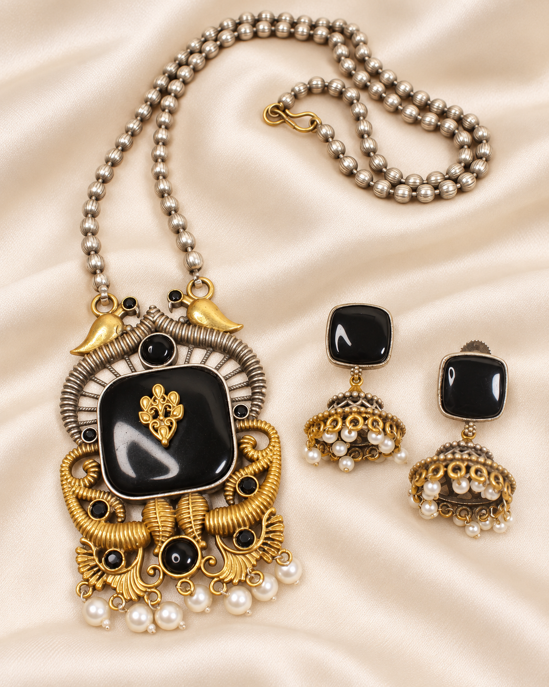 Swan Motif Dual Tone Pendant Set - Black — AI-styled closeup view