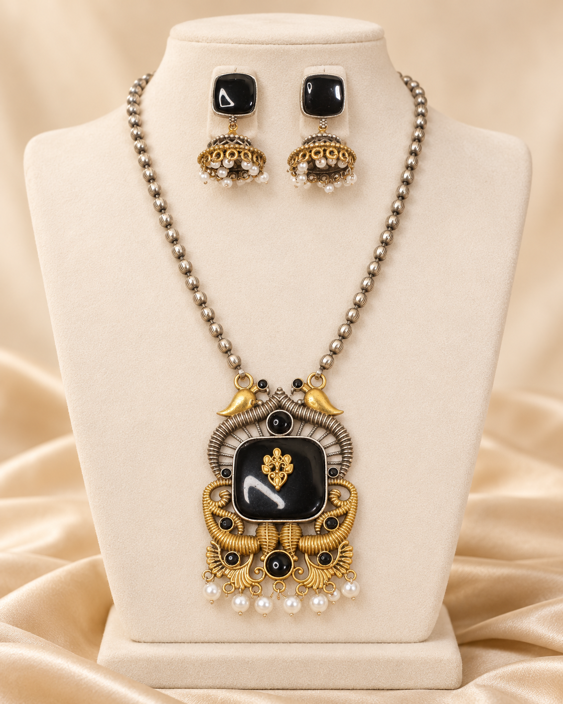 Swan Motif Dual Tone Pendant Set - Black — AI-styled mannequin view