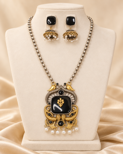 Swan Motif Dual Tone Pendant Set - Black — AI-styled mannequin view