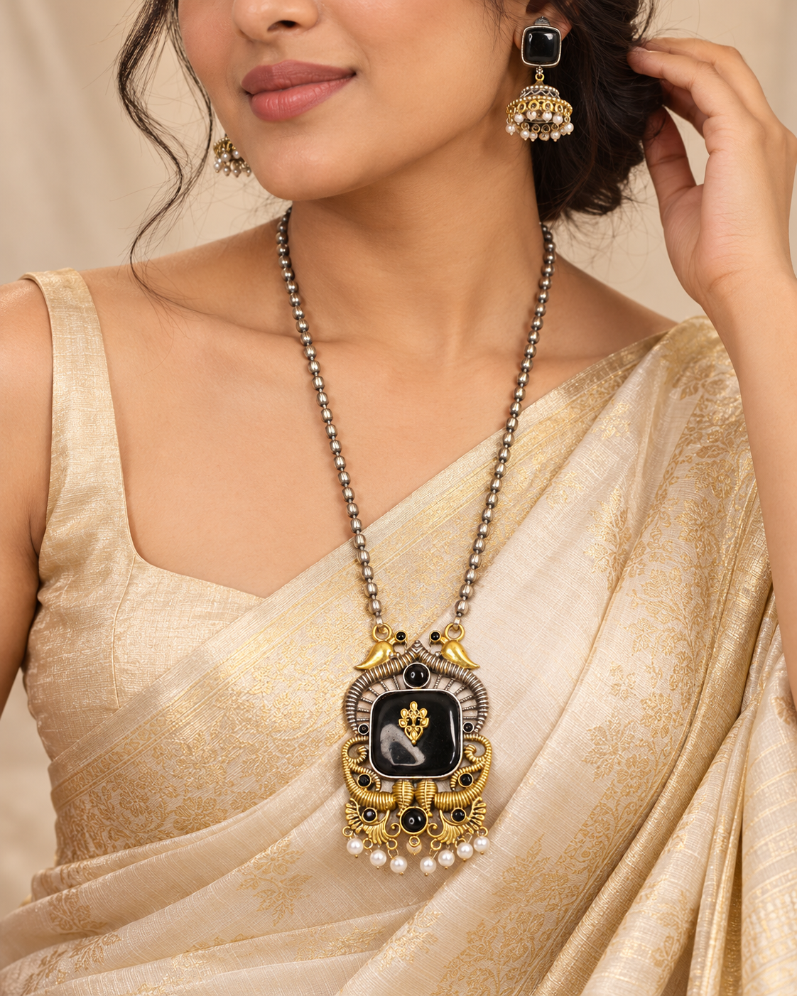 Swan Motif Dual Tone Pendant Set - Black — AI-styled model view
