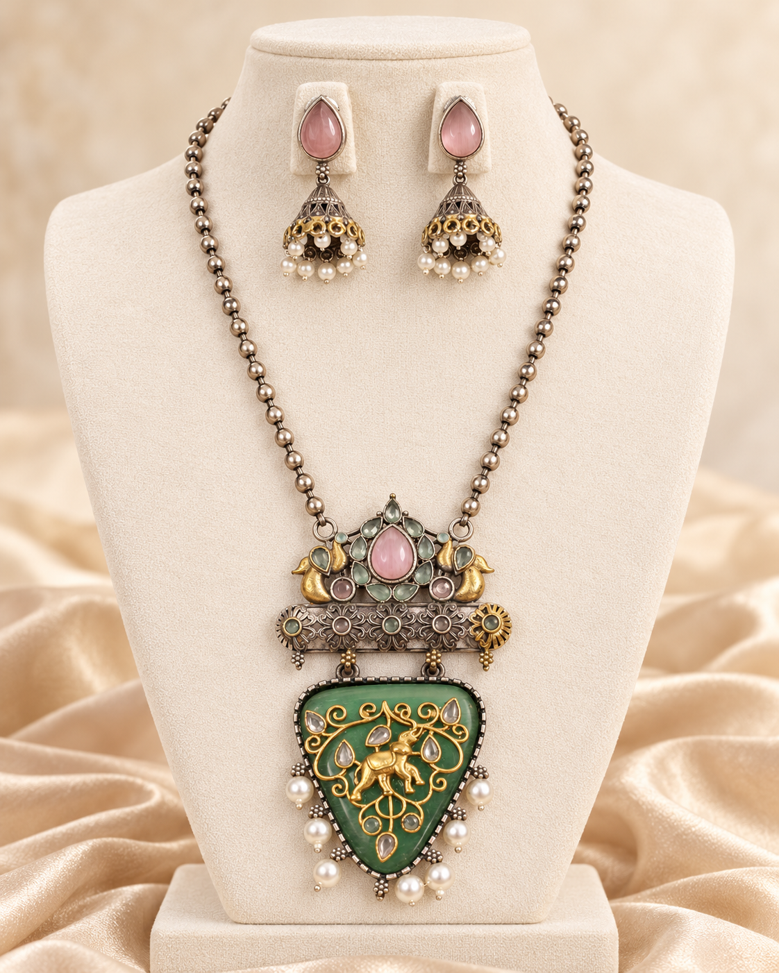 Dancing Figure Triangular Pendant Set - Green and Pink — AI-styled mannequin view