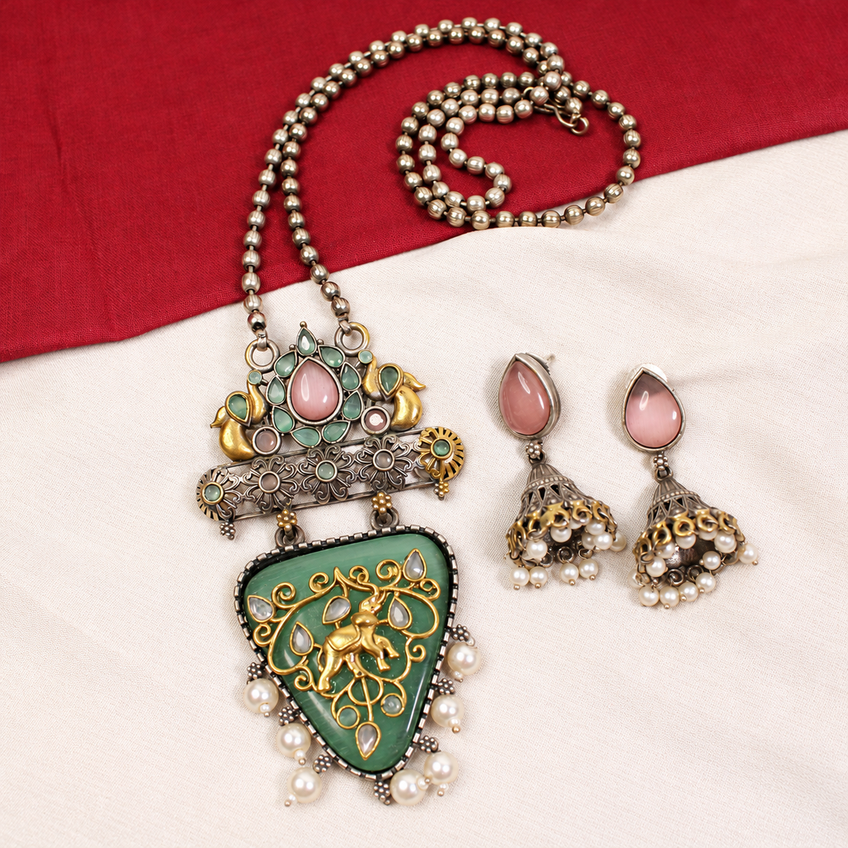 Dancing Figure Triangular Pendant Set - Green and Pink — retouched original photograph IMG_8224