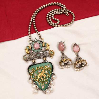 Dancing Figure Triangular Pendant Set - Green and Pink — retouched original photograph IMG_8224