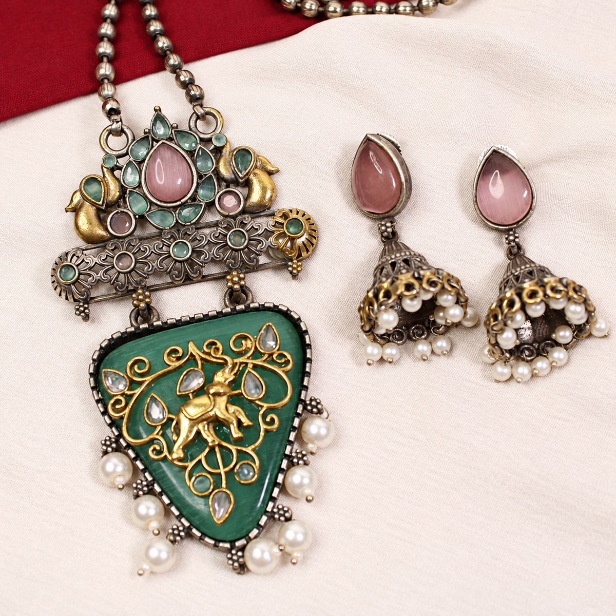 Dancing Figure Triangular Pendant Set - Green and Pink — retouched original photograph IMG_8225
