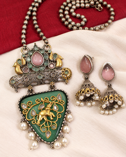 Dancing Figure Triangular Pendant Set - Green and Pink — AI-styled ornament detail view