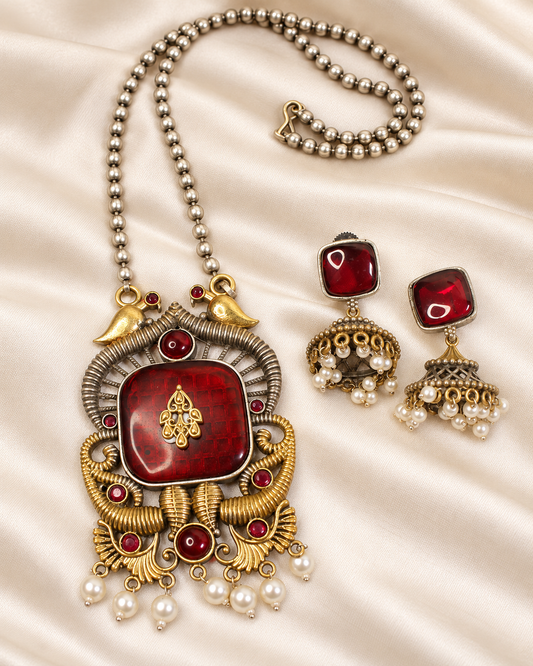 Swan Motif Dual Tone Pendant Set - Ruby — AI-styled closeup view