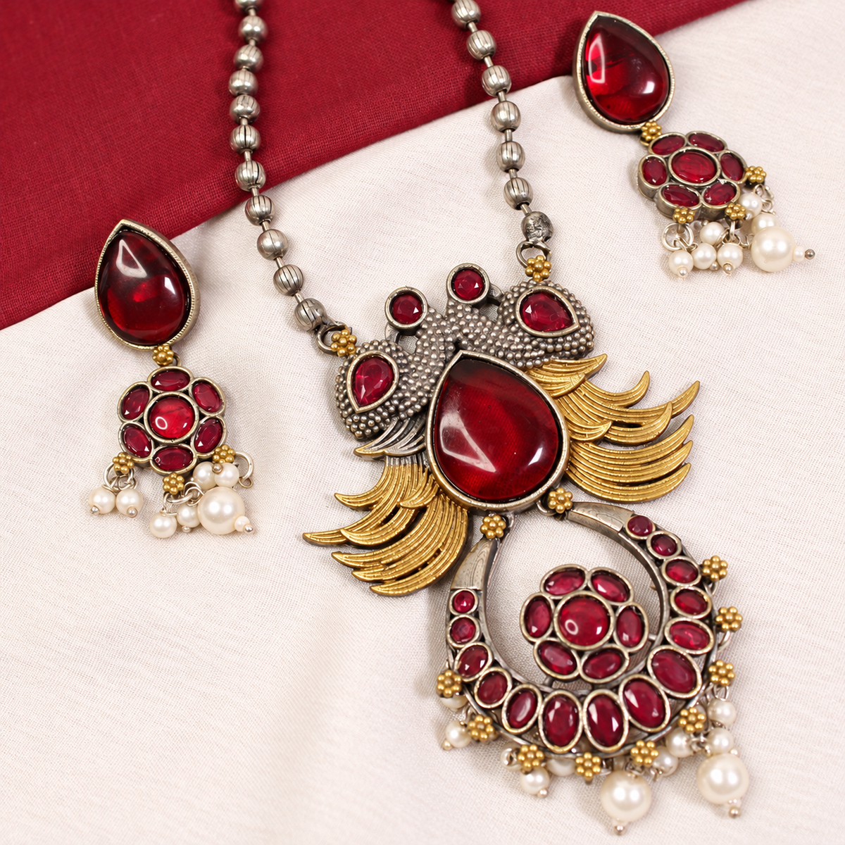 Ornate Teardrop Stone Pendant Set - Ruby - retouched original photograph IMG_8158