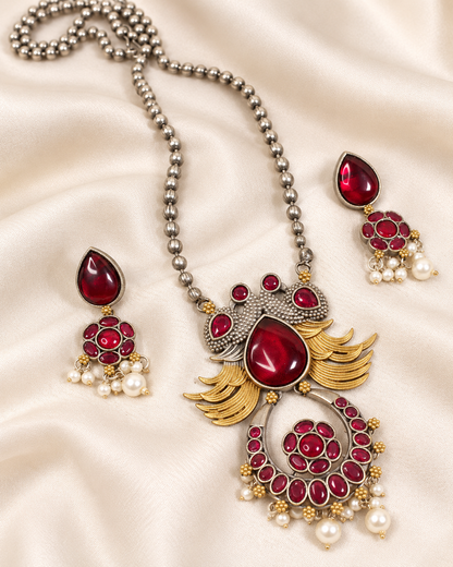 Ornate Teardrop Stone Pendant Set - Ruby - closeup view