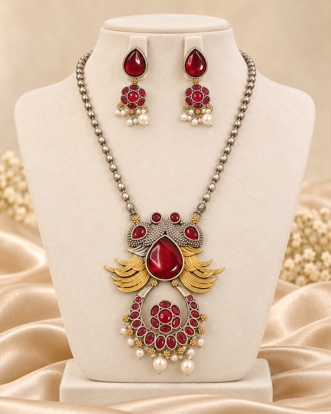 Ornate Teardrop Stone Pendant Set - Ruby - mannequin view