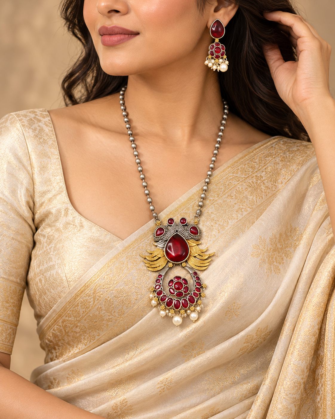 Ornate Teardrop Stone Pendant Set - Ruby - model view
