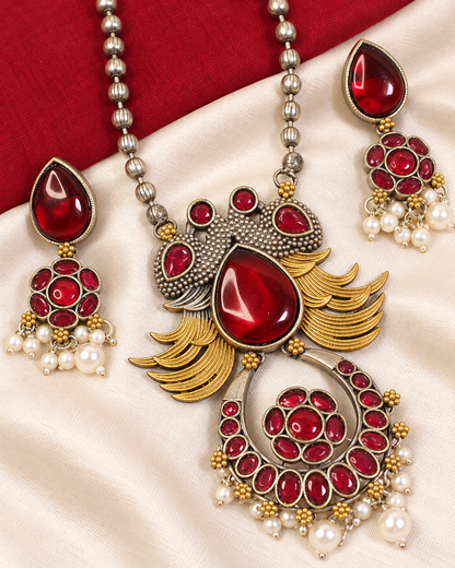 Ornate Teardrop Stone Pendant Set - Ruby - ornament-detail view