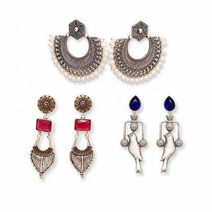 Three different antique-finish earring designs in the Navraee combo