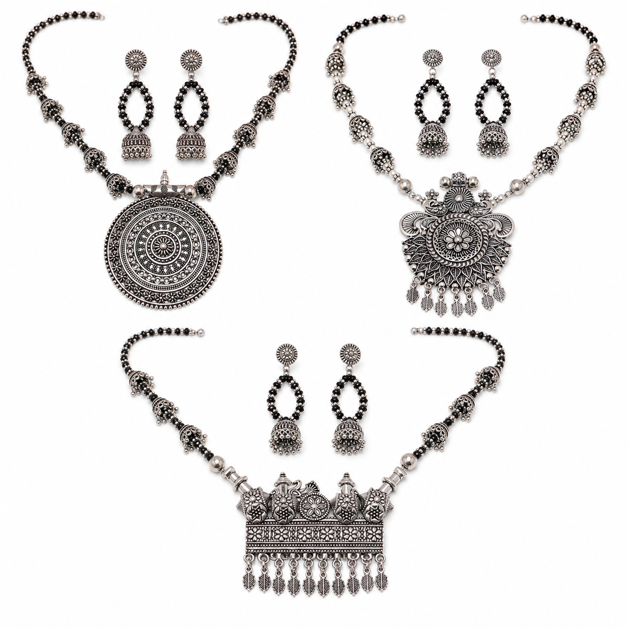 Three different Banjara pendant set designs in the Navraee combo
