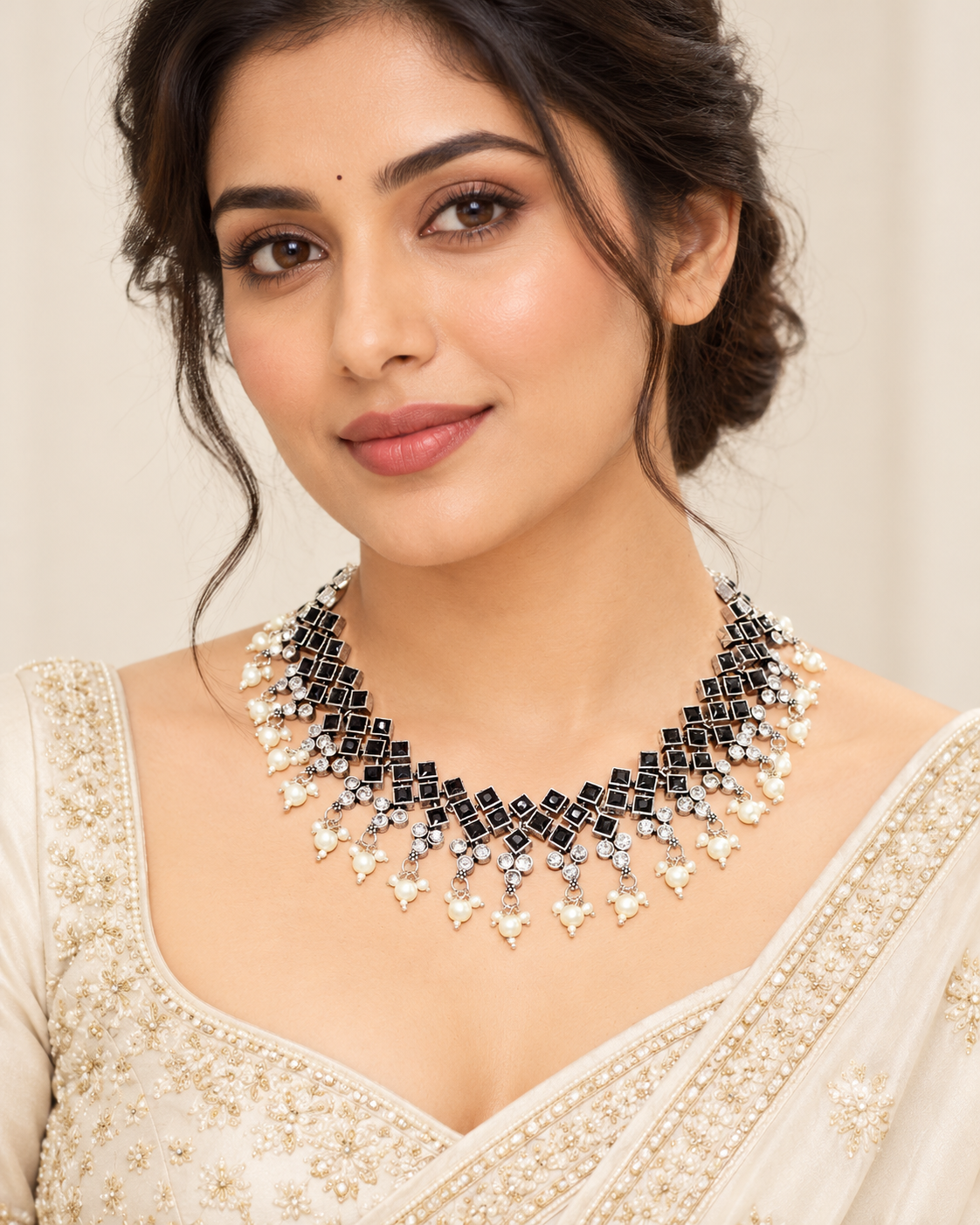 Model wearing Navraee Crystal Necklace Set in black