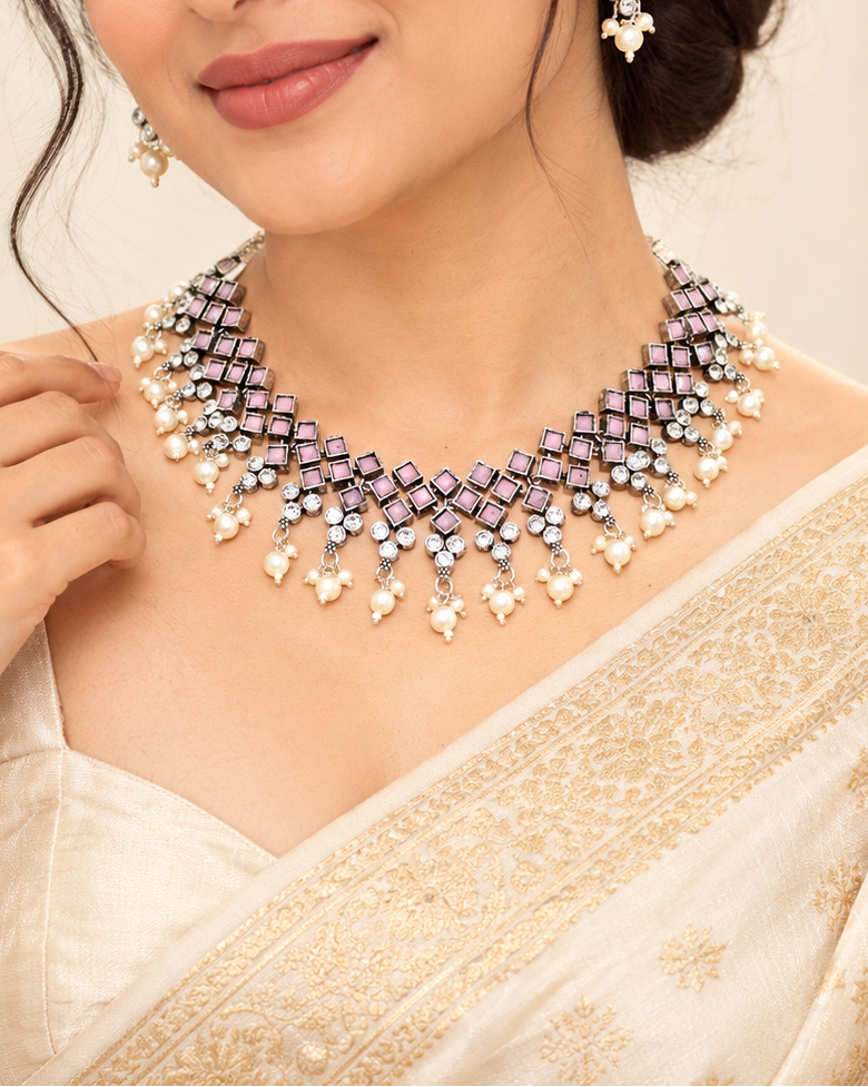 Model wearing Navraee Crystal Necklace Set in pink