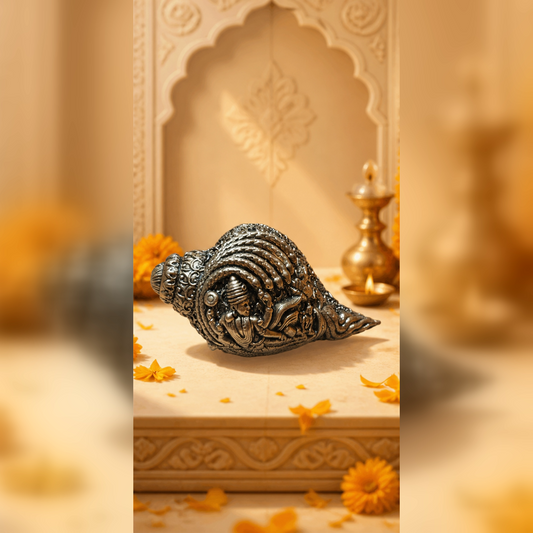 Decorative Brass Conch with Devotional Motifs editorial hero
