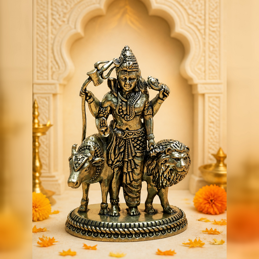 Antique Brass Devotional Idol with Elephant & Lion editorial hero