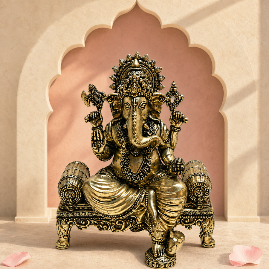 Ganesha Brass Idol on Ornate Throne – styled front view