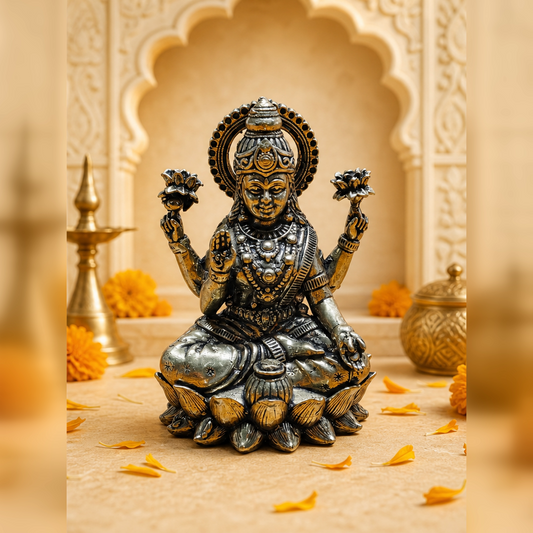 Goddess Lakshmi Brass Idol on Lotus editorial hero
