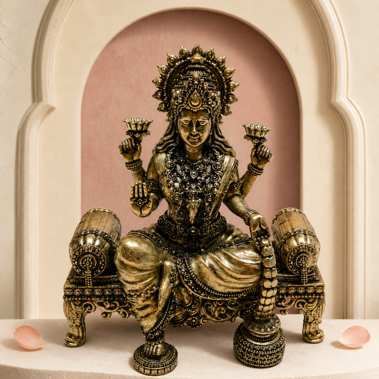 Goddess Lakshmi Brass Idol on Ornate Throne – styled front view