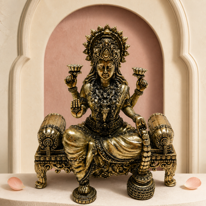 Goddess Lakshmi Brass Idol on Ornate Throne – styled front view