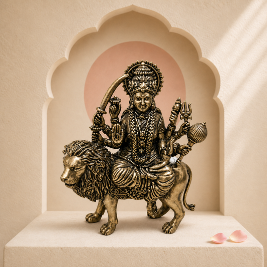 Maa Durga Brass Idol on Lion – styled front view