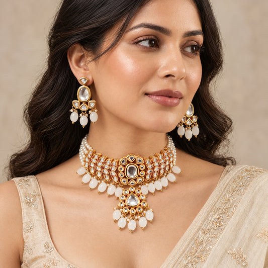 Model wearing Navraee Polki Pearl Choker Necklace Set with matching drop earrings