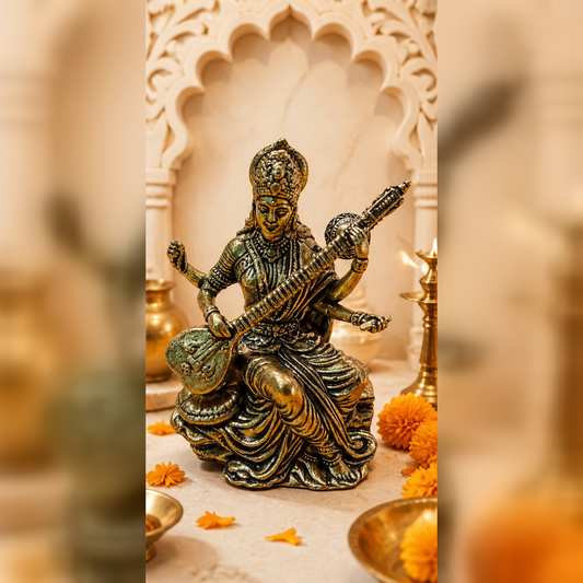 Saraswati Brass Idol with Veena editorial hero