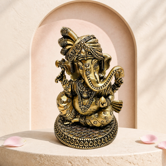 Turban Ganesha Brass Idol – styled front view