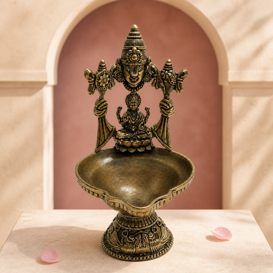 Venkateswara & Lakshmi Brass Diya Stand – styled front view