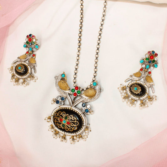 Navratan Dual Tone Peacock Pendant Set