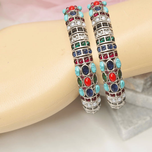 NAVRATAN NAGINA BANGLES-SILVER FINISH-SET OF 2