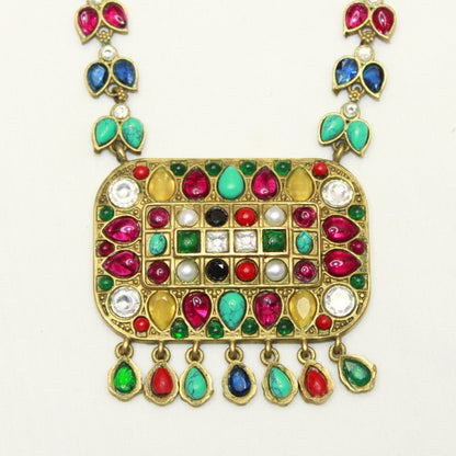 NAVRATNA ANTIQUE GOLD POLISH LONG NECKLACE