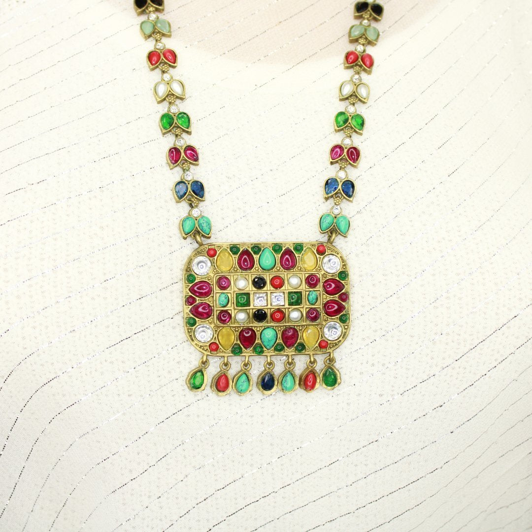 NAVRATNA ANTIQUE GOLD POLISH LONG NECKLACE