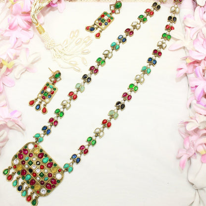 NAVRATNA ANTIQUE GOLD POLISH LONG NECKLACE