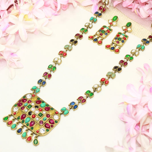 NAVRATNA ANTIQUE GOLD POLISH LONG NECKLACE