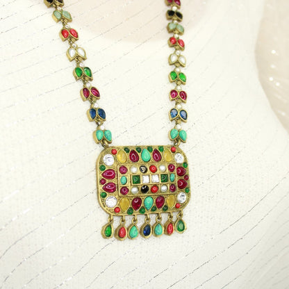 NAVRATNA ANTIQUE GOLD POLISH LONG NECKLACE